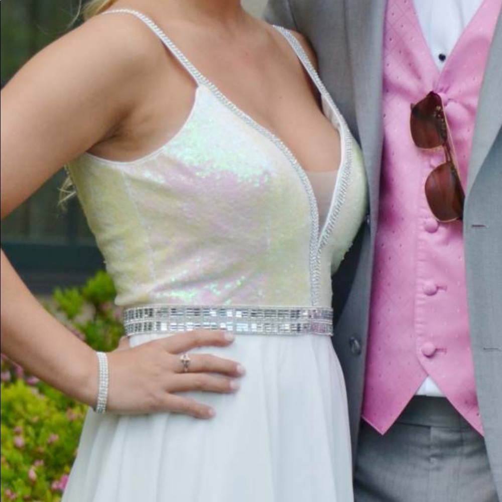 White prom dress with iridescent on top